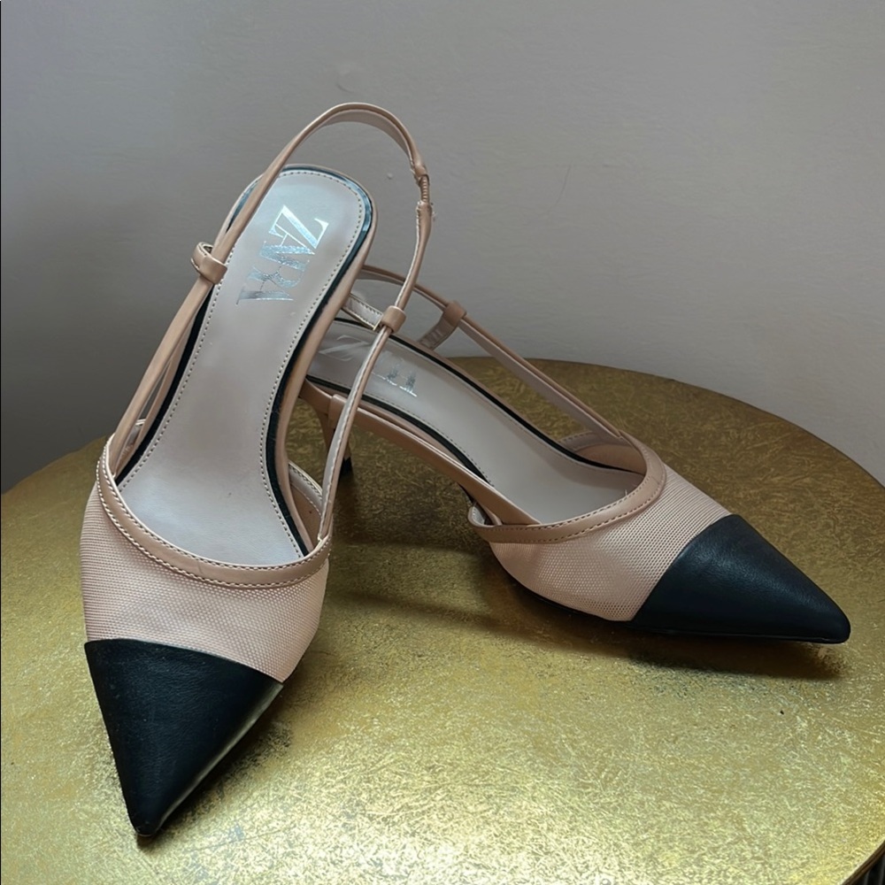Zara Women's Two-Tone Slingback Kitten Heels Black Tan 37 6.5